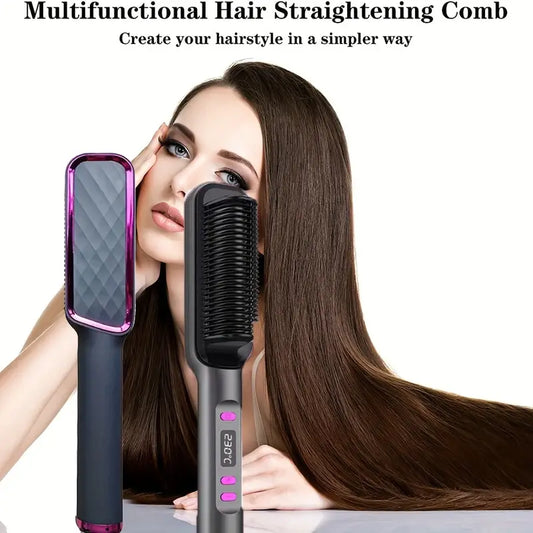 Hair Straightener Brush, Multi-Purpose Hot Comb For Straightening & Curling